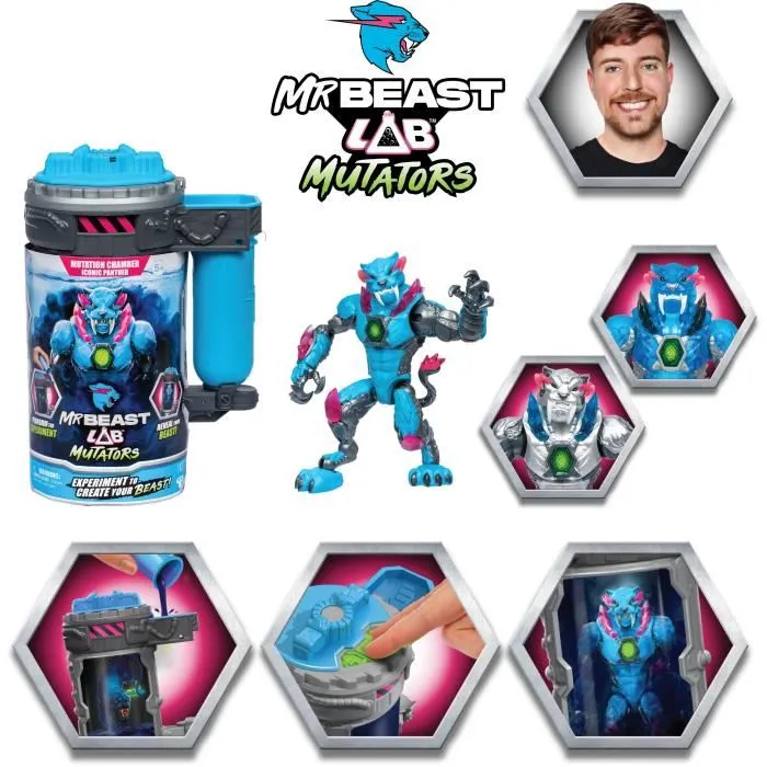 Moose Toys MR Beast LAB Mutators Figurine Panthere Iconique - Chambre de Mutation - Figurine Articulée 13 cm avec Expérience Créative - Rose et Bleu