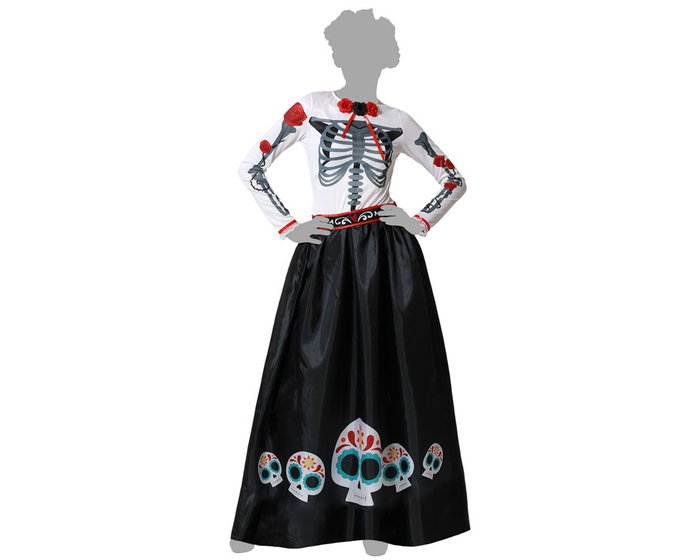 Déguisement Squelette Mexicain Catrina pour Femme XXL - Costume de La Catrina avec Fleurs Rouges pour Halloween et Jour des Morts