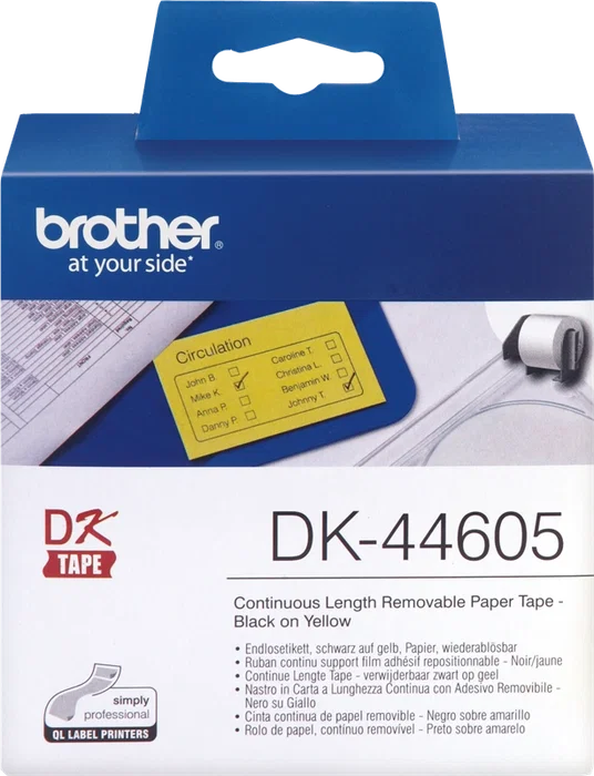 Brother DK-44605 Étiquettes sans fin amovibles 62mm x 30,48m Noir sur jaune Brother DK-44605 Étiquettes sans fin amovibles 62mm x 30,48m Noir sur jaune