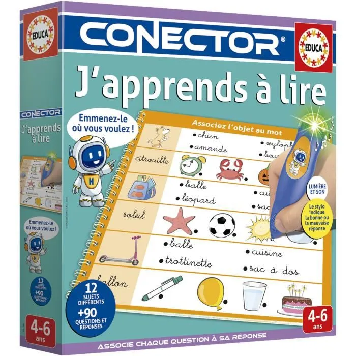 Educa Conector J'apprends à Lire - Jeu éducatif livre avec stylo son et lumière - 90 questions, 12 thèmes - Pour enfants dès 4 ans