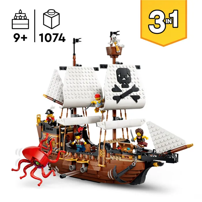 LEGO Creator 3-en-1 31387 Bateau Pirate Mythique - Jeu de Construction pour Enfants dès 9 Ans - Maquette