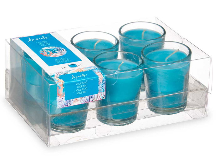 Acorde Set de 6 Bougies en Verre Océan Bleu 16 x 6,5 x 11 cm (Set de 12)
