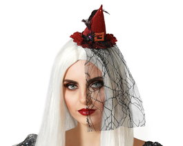 Diadema Chapeau De Sorcière Rouge Avec Voile pour Femme Adulte - Accessoire Fête Halloween et Déguisement