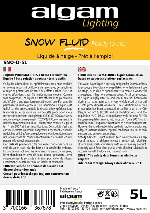 Algamlight Liquide Prêt à l'Emploi pour Production de Neige Artificielle - 5 Litres - Tensioactif Neutre