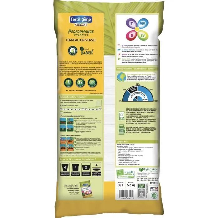 FERTILIGENE Terreau Universel Performance Organics 35 L - Pour potager, culture ornementale et d'intérieur - Enrichi en engrais végétal et guano
