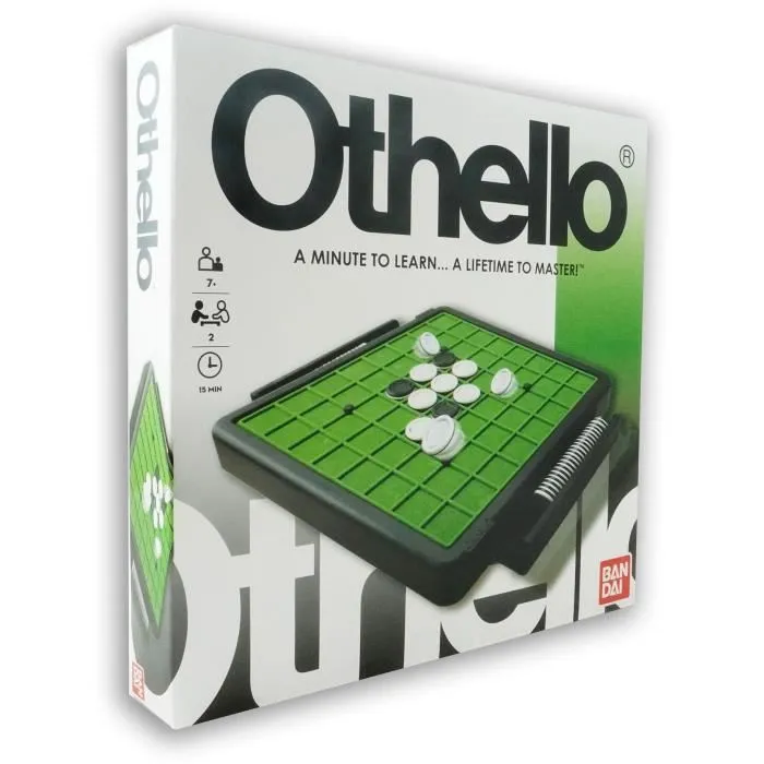 Bandai Othello Jeu de Stratégie pour 2 Joueurs dès 7 Ans, Inclus : Plateau, 64 pions réversibles Noir/Blanc, Manuel Bandai Othello Jeu de Stratégie pour 2 Joueurs dès 7 Ans, Inclus : Plateau, 64 pions réversibles Noir/Blanc, Manuel