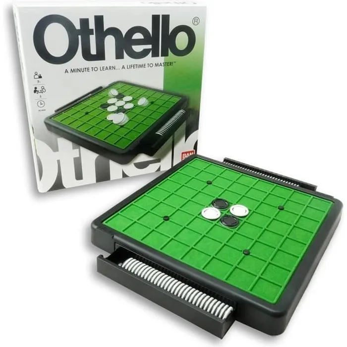 Bandai Othello Jeu de Stratégie pour 2 Joueurs dès 7 Ans, Inclus : Plateau, 64 pions réversibles Noir/Blanc, Manuel Bandai Othello Jeu de Stratégie pour 2 Joueurs dès 7 Ans, Inclus : Plateau, 64 pions réversibles Noir/Blanc, Manuel