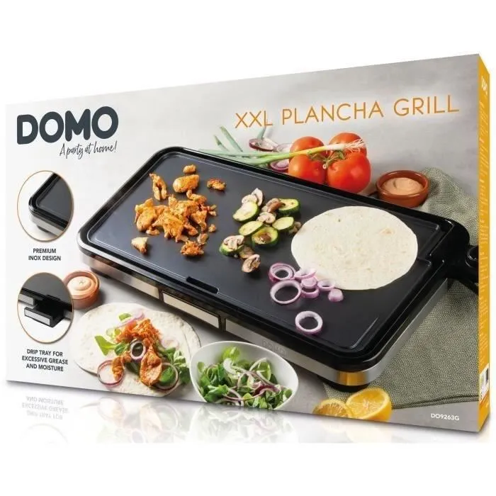 Domo DO9263G Plancha Grill Electrique 2200W - Surface de cuisson XXL 55 x 30.5 cm en inox premium, plaques anti-adhésives