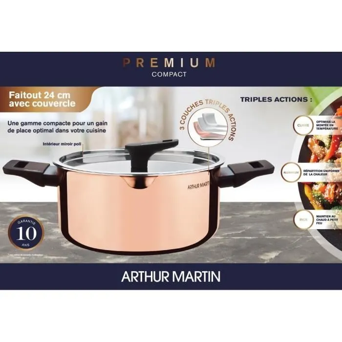 Arthur Martin AM945GT Faitout 24 cm 3 couches triple action cuivre aluminium inox tous feux dont induction Arthur Martin AM945GT Faitout 24 cm 3 couches triple action cuivre aluminium inox tous feux dont induction