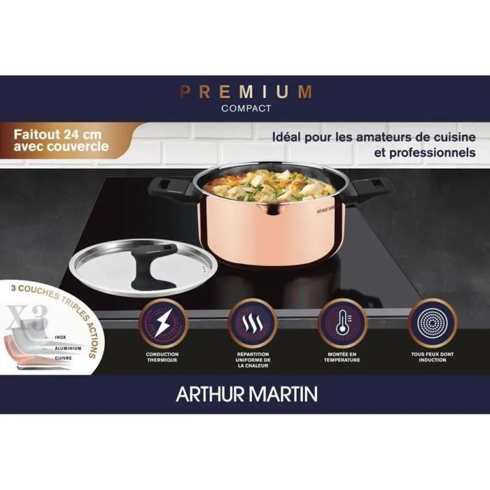 Arthur Martin AM945GT Faitout 24 cm 3 couches triple action cuivre aluminium inox tous feux dont induction Arthur Martin AM945GT Faitout 24 cm 3 couches triple action cuivre aluminium inox tous feux dont induction