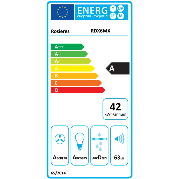 Rosieres Campana decorativa RDX6MX - L 60 cm - Acier inoxydable - 66 dB - 4 vitesses - Classe A - Éclairage LED Rosieres Campana decorativa RDX6MX - L 60 cm - Acier inoxydable - 66 dB - 4 vitesses - Classe A - Éclairage LED
