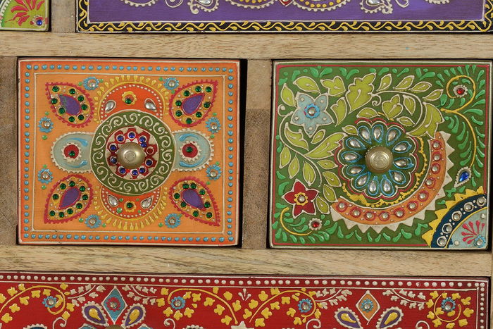 GINER Y COLOMER Table téléphonique 9 tiroirs en bois de mango peint à la main multicolore - 63 cm H x 52 cm L x 30 cm P