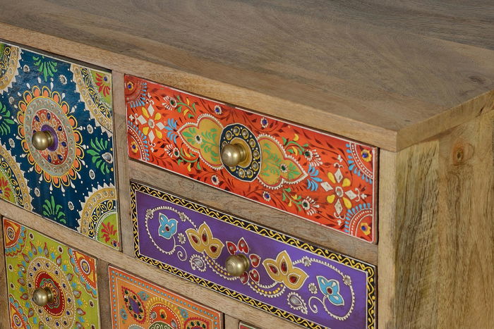 GINER Y COLOMER Table téléphonique 9 tiroirs en bois de mango peint à la main multicolore - 63 cm H x 52 cm L x 30 cm P