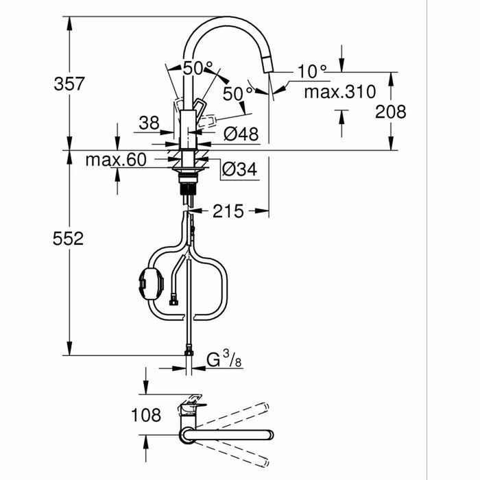 GROHE StartLoop Mitigeur de cuisine Chromé Bec haut en C avec mousseur extractible