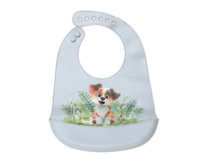 KioKids - Babier de voyage en silicone imperméable bleu chiot réglable avec poche anti-miettes - Lovely Friends - À partir de 4 mois