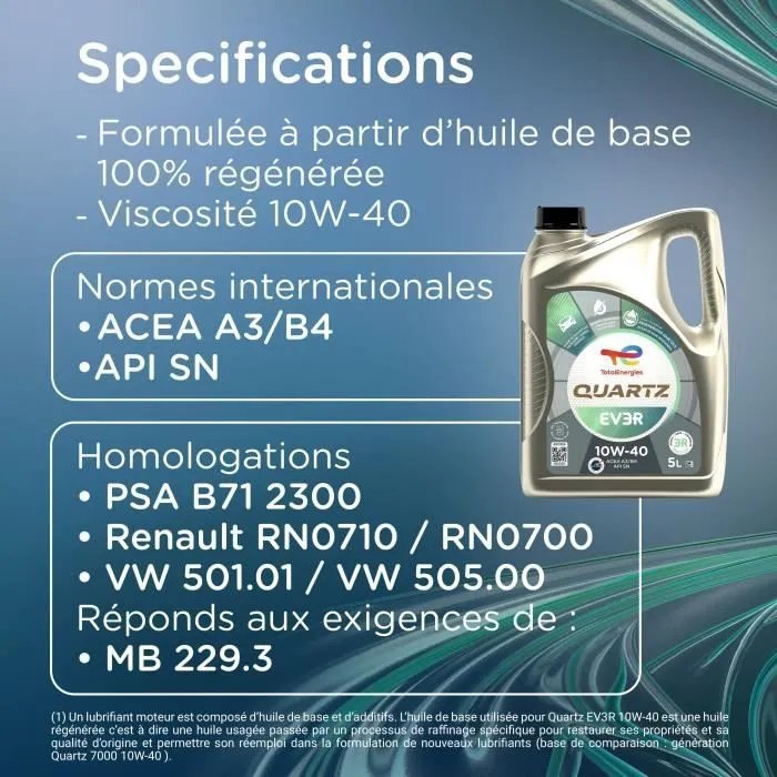 TotalEnergies Quartz EV3R 10W-40 - Huile Moteur Synthèse 5L pour Moteurs Essence et Diesel - Homologations Renault, Stellantis, Volkswagen - ACEA A3/B4
