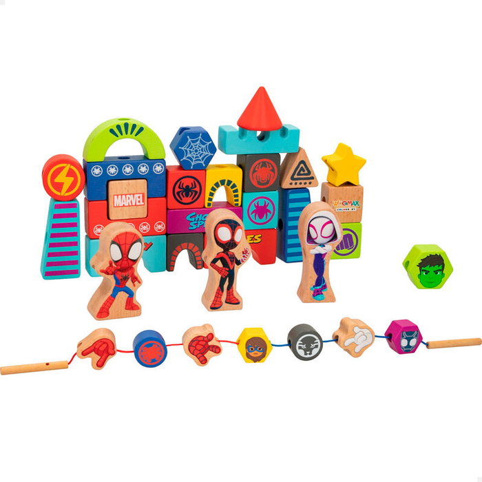 WOOMAX - Playset en Bois de 35 Pièces Spidey et ses Amis Étonnants Marvel - Pour Enfants de 18 Mois et Plus