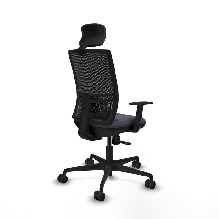 Chaise Yunquera Synchro 4 positions tissu Gris foncé Maille Noir Base en nylon noir Accoudoir 1D Appui-tête 1D Roulettes 65mm nylon