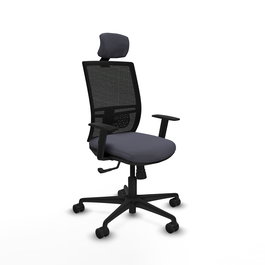 Chaise Yunquera Synchro 4 positions tissu Gris foncé Maille Noir Base en nylon noir Accoudoir 1D Appui-tête 1D Roulettes 65mm nylon