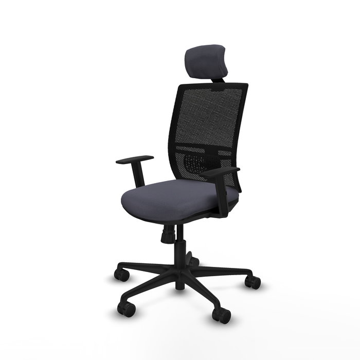 Chaise Yunquera Synchro 4 positions tissu Gris foncé Maille Noir Base en nylon noir Accoudoir 1D Appui-tête 1D Roulettes 65mm nylon