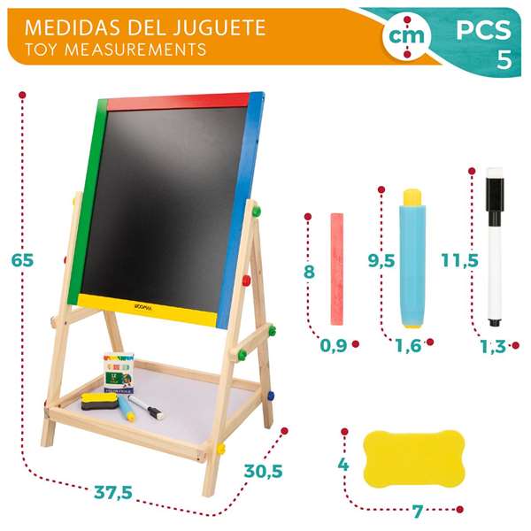 Woomax - Pizarra 2 faces blanche et noire en bois 37,5x65 cm avec accessoires - Ardoise double face enfant