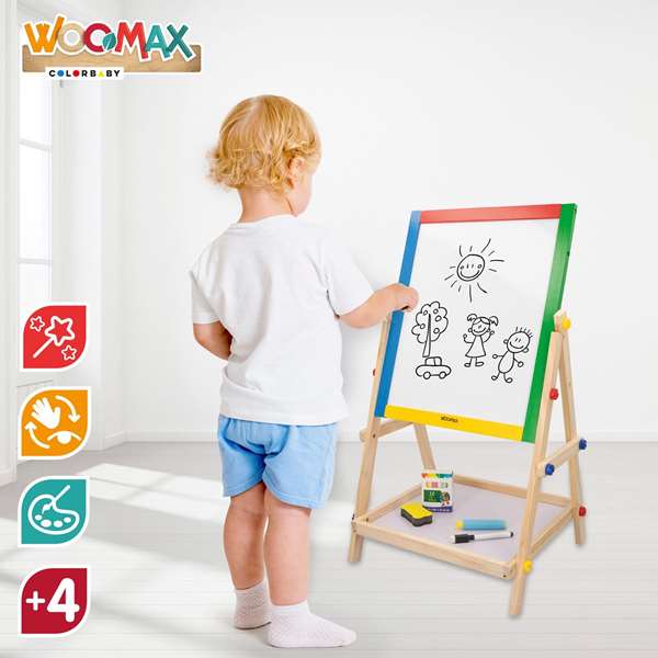Woomax - Pizarra 2 faces blanche et noire en bois 37,5x65 cm avec accessoires - Ardoise double face enfant