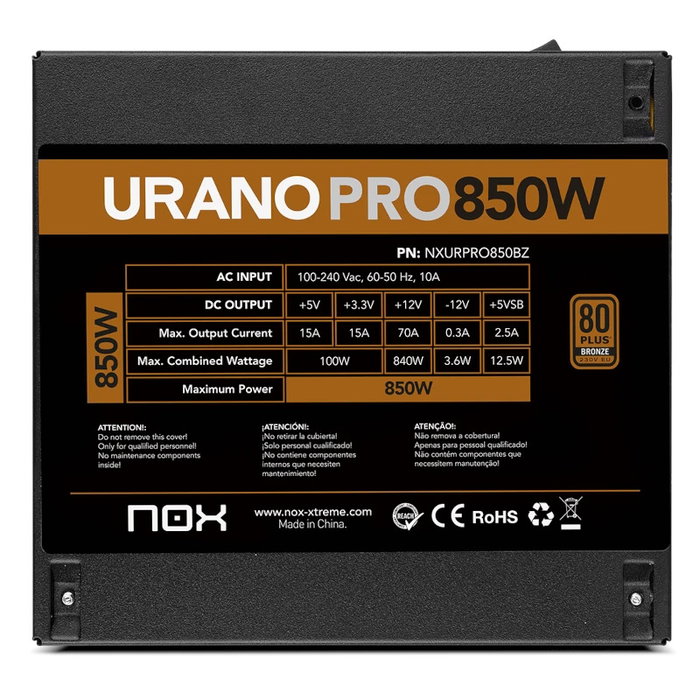 Nox Urano Pro Alimentation ATX 850W Bronze Certifiée - Silencieuse et Fiable Nox Urano Pro Alimentation ATX 850W Bronze Certifiée - Silencieuse et Fiable