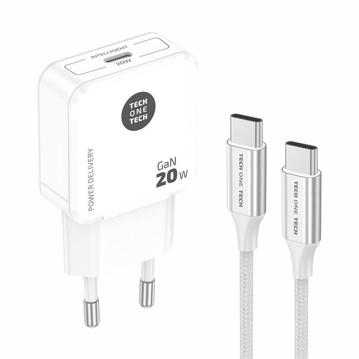 Tech One Tech Chargeur rapide GaN 20W USB-C avec câble blanc