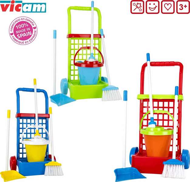 Vicam Chariot de nettoyage avec balai, serpillière, seau et ramasse-poussière 57x30x20 cm - Modèles assortis