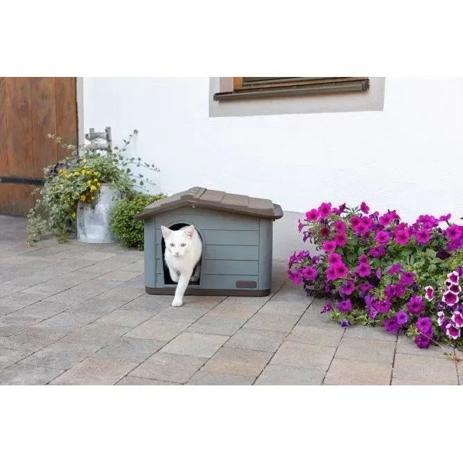 Kerbl Paola - Niche extérieure en plastique recyclé pour chats et petits chiens - 75 x 59 x 55 cm - Gris/marron