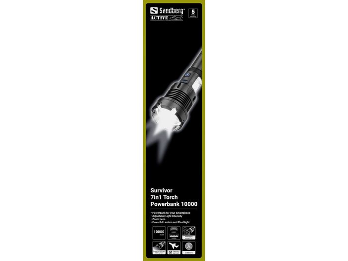 Sandberg Survivor 7in1 Torche Powerbank 10000mAh Multifonction avec Lanterne LED, Chargeur USB et Marteau d'Urgence, IPX4
