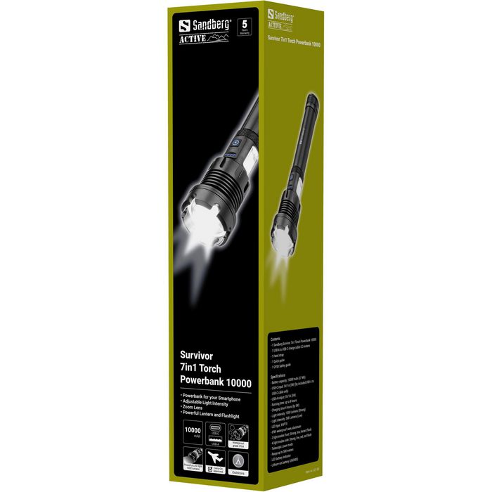 Sandberg Survivor 7in1 Torche Powerbank 10000mAh Multifonction avec Lanterne LED, Chargeur USB et Marteau d'Urgence, IPX4