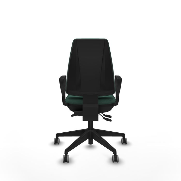 Chaise Elche Asynchrone Tissu Vert foncé Base pyramidale noire Accoudoirs fixes Sans appui-tête Roulettes 65mm pour moquette Chaise Elche Asynchrone Tissu Vert foncé Base pyramidale noire Accoudoirs fixes Sans appui-tête Roulettes 65mm pour moquette