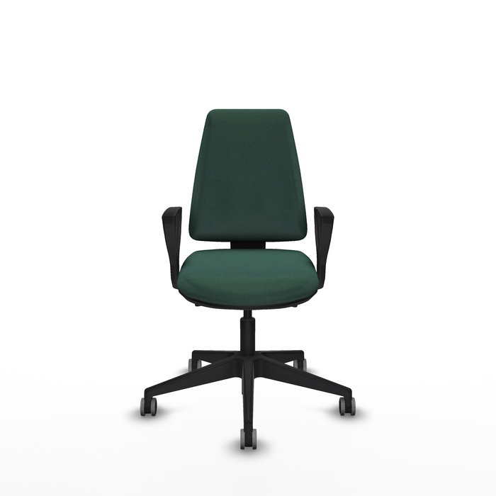 Chaise Elche Asynchrone Tissu Vert foncé Base pyramidale noire Accoudoirs fixes Sans appui-tête Roulettes 65mm pour moquette Chaise Elche Asynchrone Tissu Vert foncé Base pyramidale noire Accoudoirs fixes Sans appui-tête Roulettes 65mm pour moquette