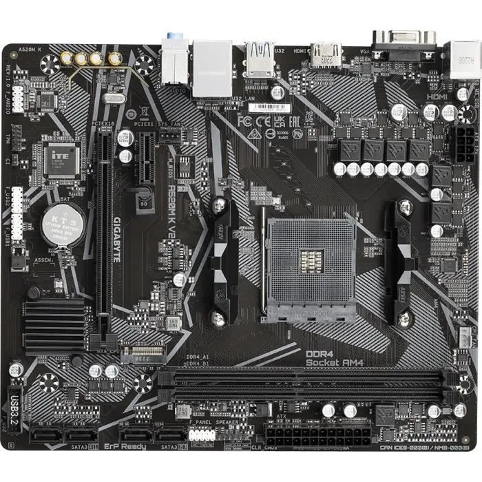 Gigabyte Carte mère A520M K V2, Socket AM4, Support AMD Ryzen série 5000/3000, DDR4 64 Go 5100 MHz, PCIe Gen3 M.2, LAN GbE, USB 3.2 Gen 1