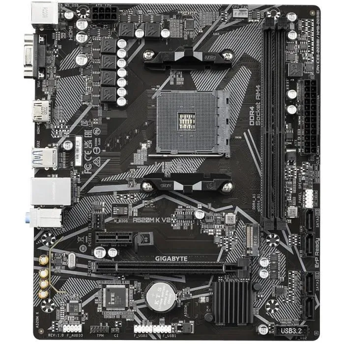 Gigabyte Carte mère A520M K V2, Socket AM4, Support AMD Ryzen série 5000/3000, DDR4 64 Go 5100 MHz, PCIe Gen3 M.2, LAN GbE, USB 3.2 Gen 1