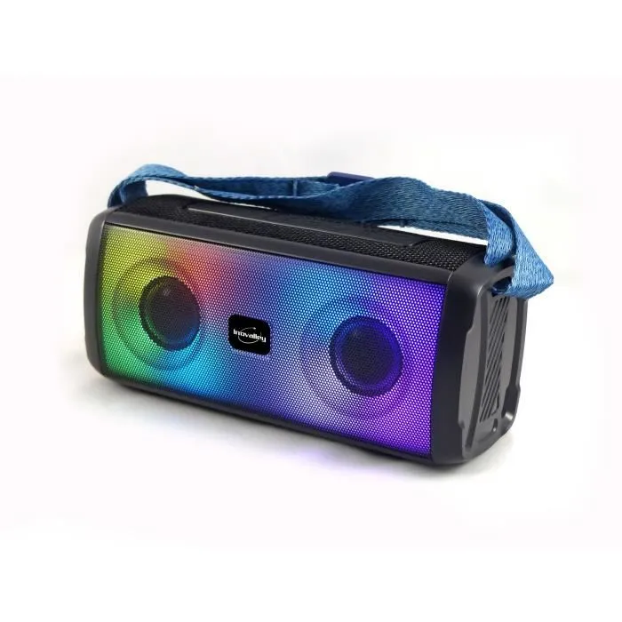 Inovalley HP345-B - Enceinte nomade lumineuse Bluetooth 5.3, 10 W, haut-parleurs 52 mm, LEDs RGB, micro pour appels, FM, USB, lecture microSD, entrée AUX Inovalley HP345-B - Enceinte nomade lumineuse Bluetooth 5.3, 10 W, haut-parleurs 52 mm, LEDs RGB, micro pour appels, FM, USB, lecture microSD, entrée AUX