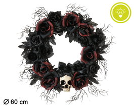Corona Decorativa Halloween 60 cm avec Lumière et Design Ténébreux - Décoration Macabre et Élégante pour Porte, Fenêtre ou Intérieur