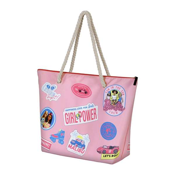 Barbie - Sac de plage Soleil Malibu, 37 x 52 x 17 cm, compartiment zip, deux anses, polyester, rose