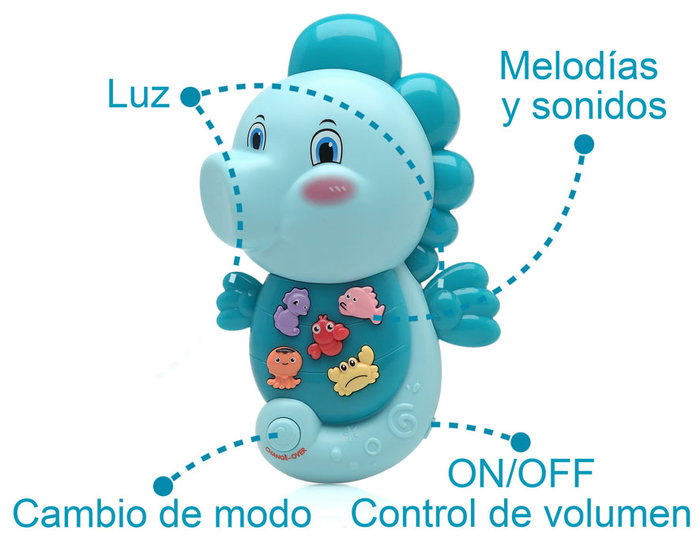 KioKids Jouet Musical Hippocampe pour Bébé +6 Mois avec Lumières, 5 Sons d'Animaux et 10 Mélodies, en Plastique ABS, Bleu