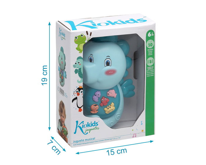 KioKids Jouet Musical Hippocampe pour Bébé +6 Mois avec Lumières, 5 Sons d'Animaux et 10 Mélodies, en Plastique ABS, Bleu