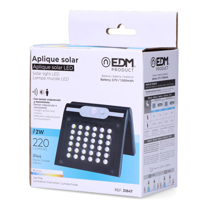 Edm Aplique solaire avec détecteur de mouvement noir, 2W LED 220lm 6500K IP44