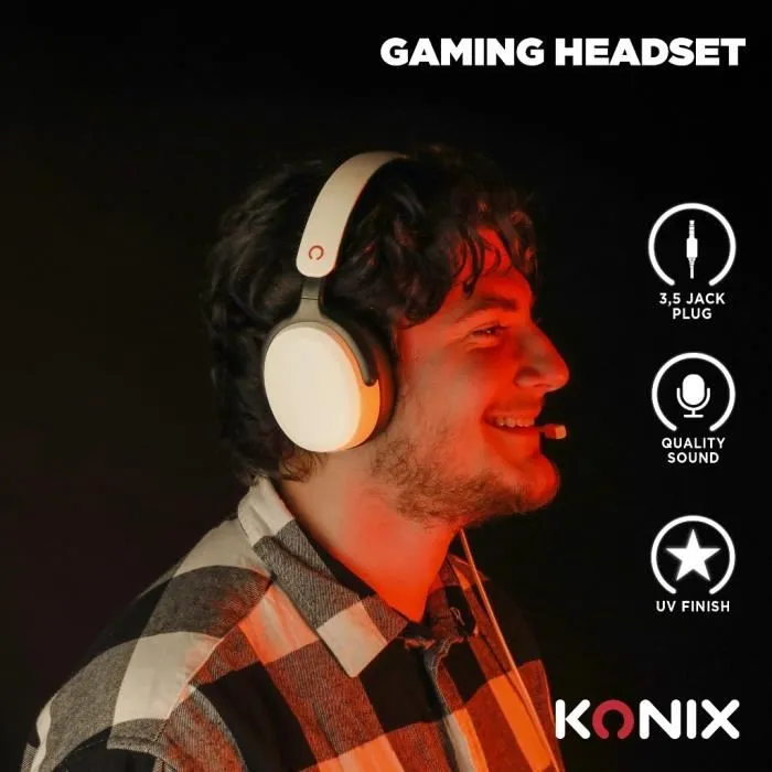 Konix Nexus - Casque gamer circum-aural filaire avec micro, haut-parleurs 40 mm, Jack 3.5 mm - Compatible PC, Nintendo Switch - Blanc Konix Nexus - Casque gamer circum-aural filaire avec micro, haut-parleurs 40 mm, Jack 3.5 mm - Compatible PC, Nintendo Switch - Blanc