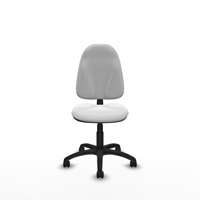 Chaise de bureau Algarra avec mécanisme de contact permanent de base, recouverte de tissu blanc. Équipée d'une base en polyamide noir, sans accoudoirs et de roulettes en nylon de 50 mm.