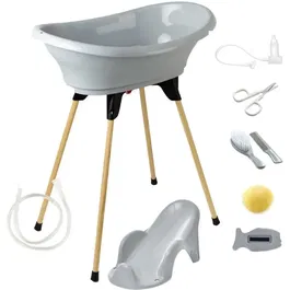 THERMOBABY Pack Bain VASCO 9 en 1 avec Baignoire, Transat, Thermomètre, Ciseaux et Accessoires - Gris Charme