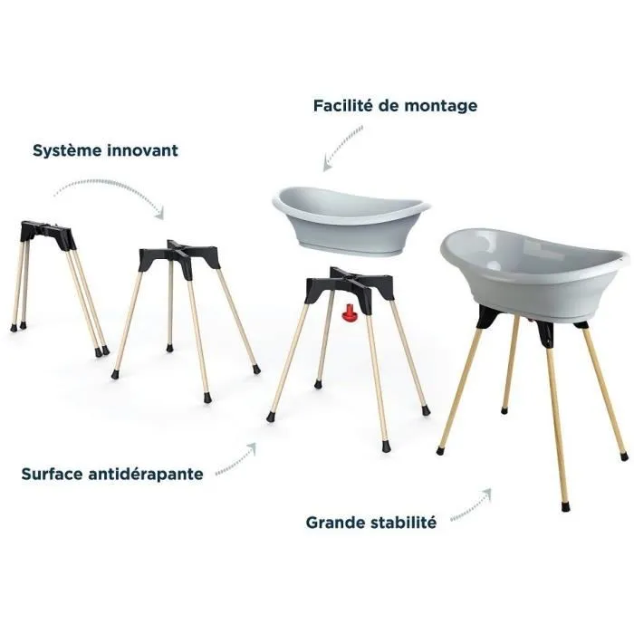 THERMOBABY Pack Bain VASCO 9 en 1 avec Baignoire, Transat, Thermomètre, Ciseaux et Accessoires - Gris Charme