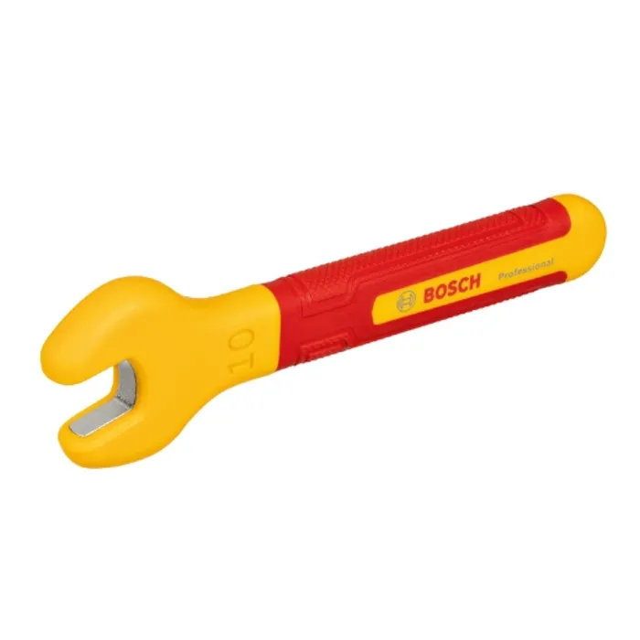 Bosch Clé plate VDE 10 mm isolée 1000V, mâchoire coudée à 15°, poignée ergonomique en élastomère thermoplastique Bosch Clé plate VDE 10 mm isolée 1000V, mâchoire coudée à 15°, poignée ergonomique en élastomère thermoplastique