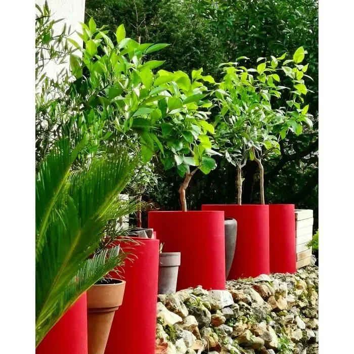 Riviera Pot de fleurs en granit rond - D29 x H32 cm - 10,5 litres - Rouge - Systeme de retention d'eau - Plastique 100% recyclable