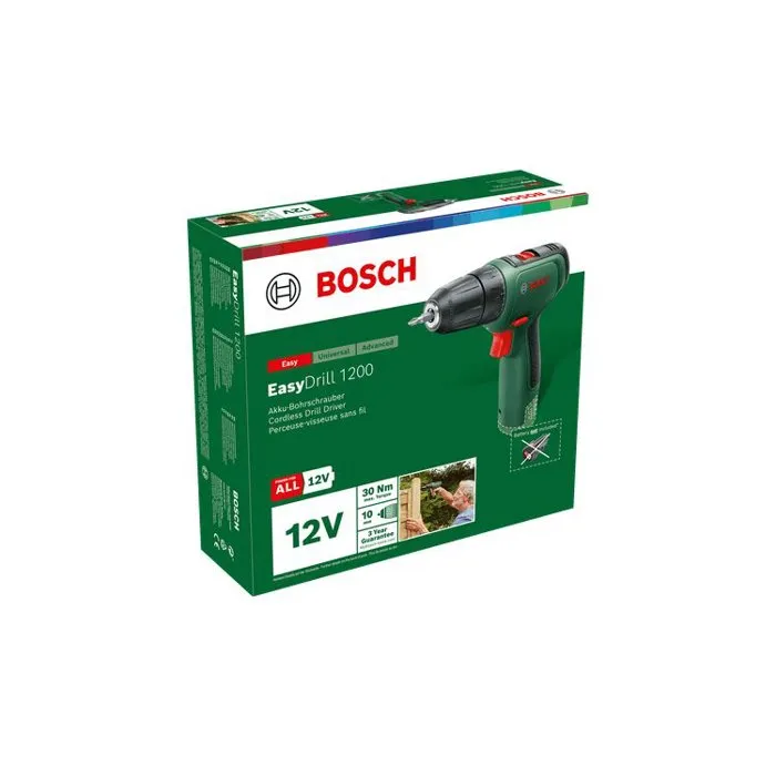Bosch EasyDrill 1200 - Perceuse visseuse sans fil - 2 batteries + chargeur - Mallette avec embouts - Compacte, légère, 2 vitesses, lampe LED
