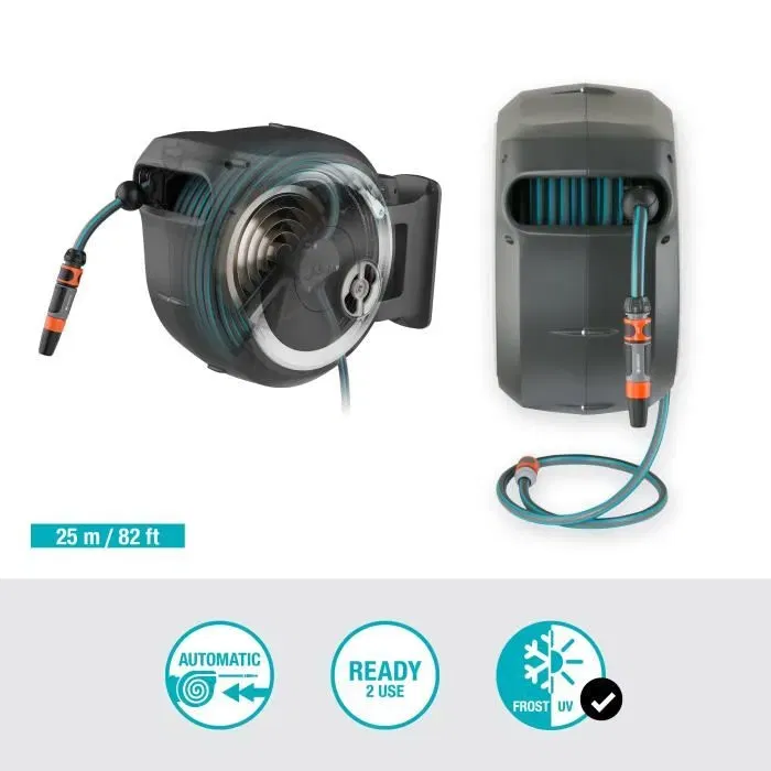 Gardena RollUp M/L Enrouleur Mural Automatique Tuyau 25m Blanc Gris